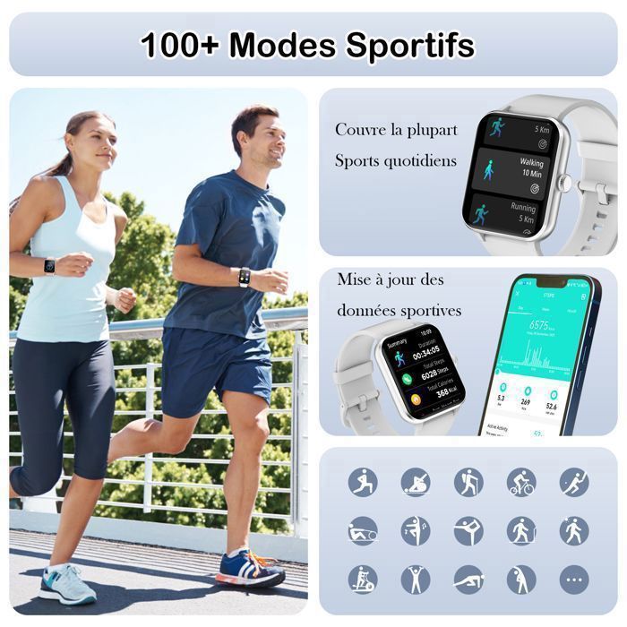 Montre Connectée Femme Homme avec Appel , Fonction Féminine, Tracker d'activité, Fréquence Cardiaque, 100+Cadrans,2 Bracelets Gris