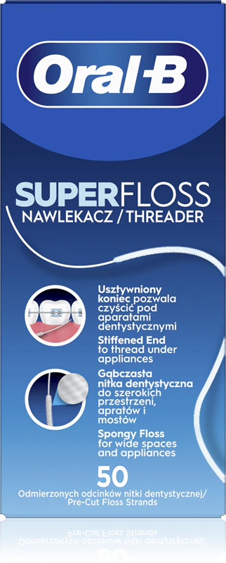 Fio dental Oral-B Super Floss para aparelhos ortodônticos e implantes.
