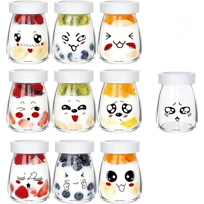 10 leere Joghurtbecher, Joghurtbecher aus Glas mit luftdichten Deckeln, kleine Emoji-Joghurtbecher für Multikocher