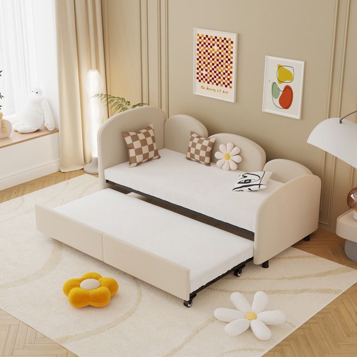 Sofá cama de 90x200 cm con cama extraíble de 90x190 cm - Sofá cama convertible moderno sin colchón, de madera y metal, terciopelo beige.