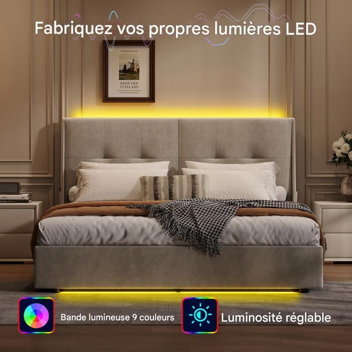 Lit double 140x190 cm - SUNFECILI - Velours Beige - Avec LED - Capacité 300 kg - Montage facile