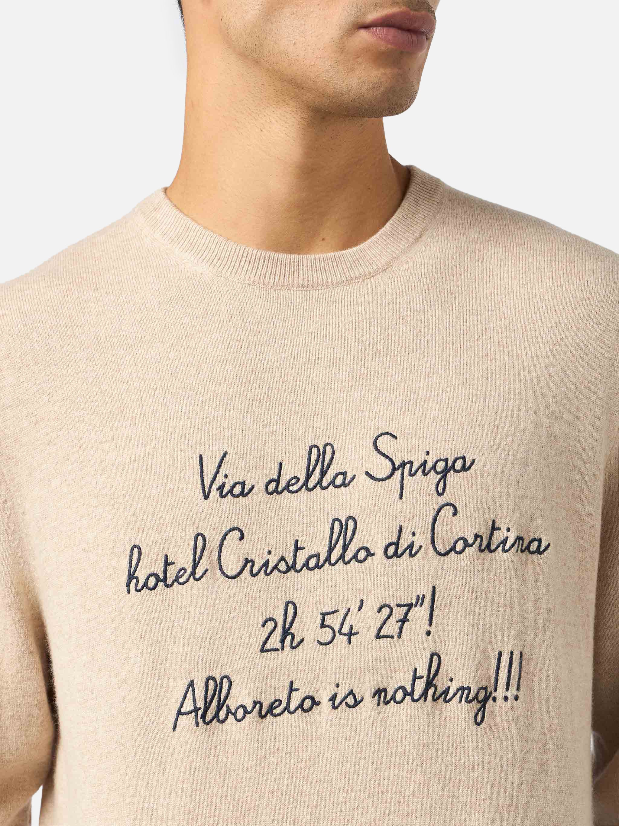 Men's Heron Light Sweater - White Crewneck with Alboreto Embroidery, Ribbed Hem and Cuffs | MC2 Saint Barth | VACANZE DI NATALE SPECIAL EDITION