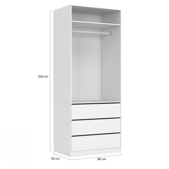 Armadio modulare IDMARKET TAYLOR 200 x 55 x 200 cm, 3 moduli con appendiabiti + ripiani + cassetti, colore bianco