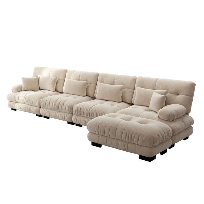 Sofá esquinero modular - LANGTU - Se convierte en un sofá esquinero de 4 plazas en forma de L - Tapicería de chenilla marrón claro - Otomana extraíble - Cojines tipo nube