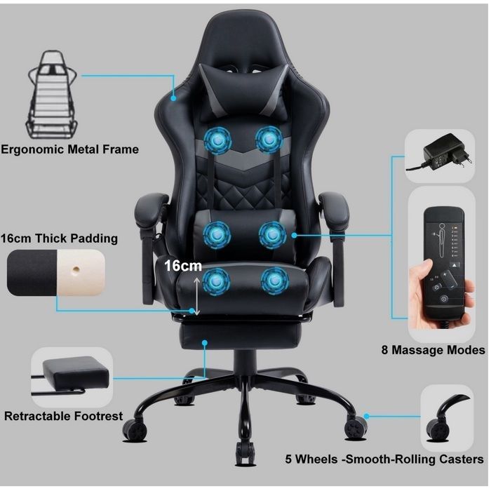 Chaise Gaming Ergonomique Similicuir avec Repose-Pieds et Massage 6 Points, Dossier Inclinable, Base Métal Delman Gris