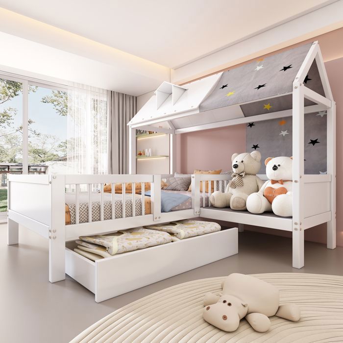 Struttura del letto rinforzata, realizzata in materiale resistente alla corrosione, a forma di casetta di legno, lettino per bambini, letto singolo.