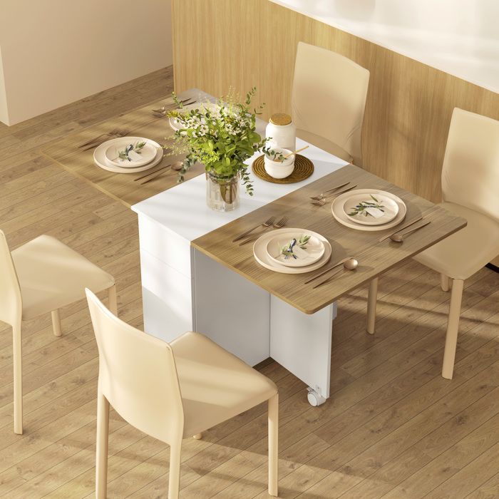 Mesa de comedor plegable para 2-6 personas, mesa de cocina con ruedas, 2 cajones y 2 armarios, 140x76x74cm, blanca