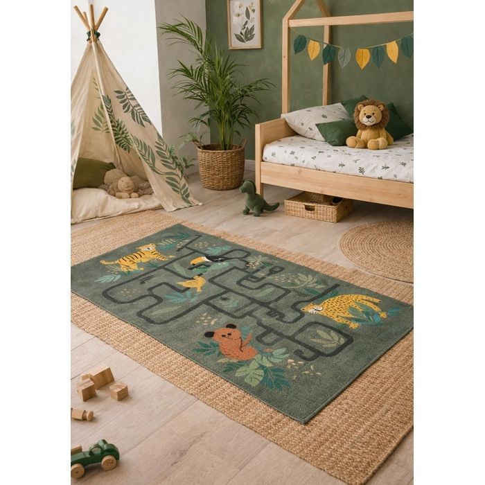 Tapis enfant - EDEN - Animaux jungle circuit - 60 x 120 cm - Polycoton - Vert motifs jungle