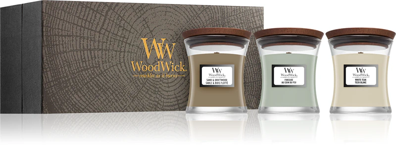 Woodwick Fireside + Teca Branca + Areia e Madeira Flutuante zestaw upominkowy