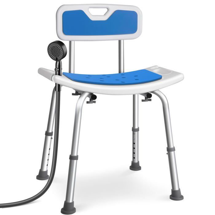 VOUNOT® Duschstuhl mit ergonomischer Rückenlehne – Höhenverstellbar – Rutschfeste Füße – Sitzfläche aus Aluminium und HDPE – Blau
