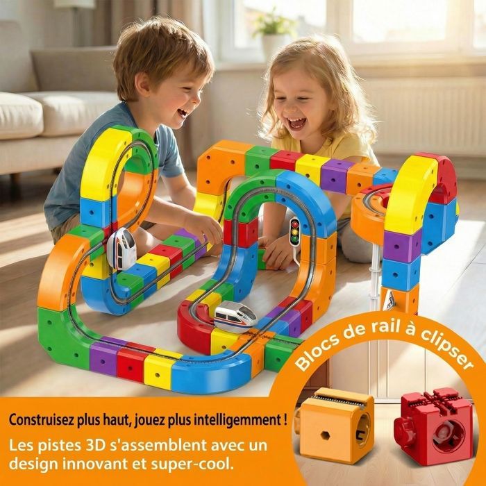 Tren de juguete de 51 piezas: vías eléctricas antigravedad 3D con tren motorizado y señales de tráfico.