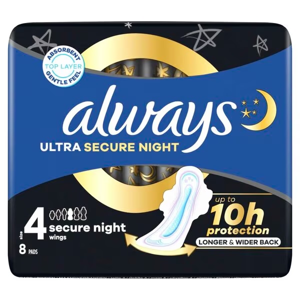 Always Ultra Secure Night higiēniskās paketes<br>4. izmērs, 8 gabali