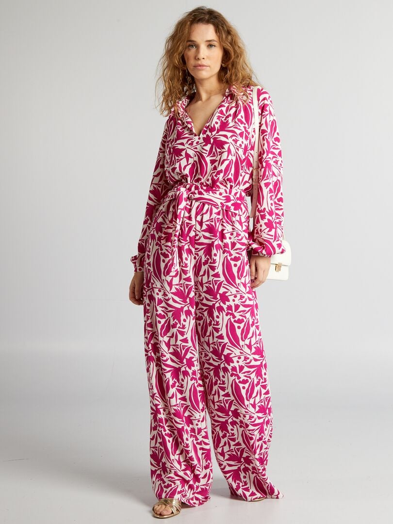 Broek met wijde pijpen en bloemenprint - ROZE