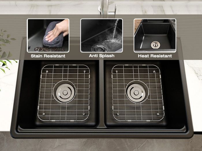 Fregadero de cocina de cerámica negra estilo rústico MEJE de 83,8 x 50,8 cm con borde escalonado - fregadero estampado - doble cubeta con faldón frontal