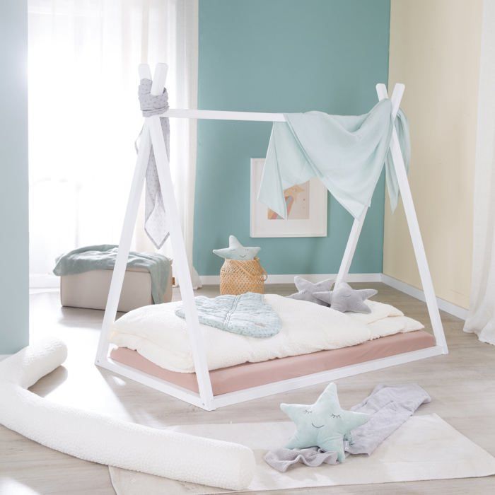 Cama tipi ROBA de 70 x 140 cm para niños - Bambú certificado FSC - Cama india para niños y niñas - Madera lacada en blanco