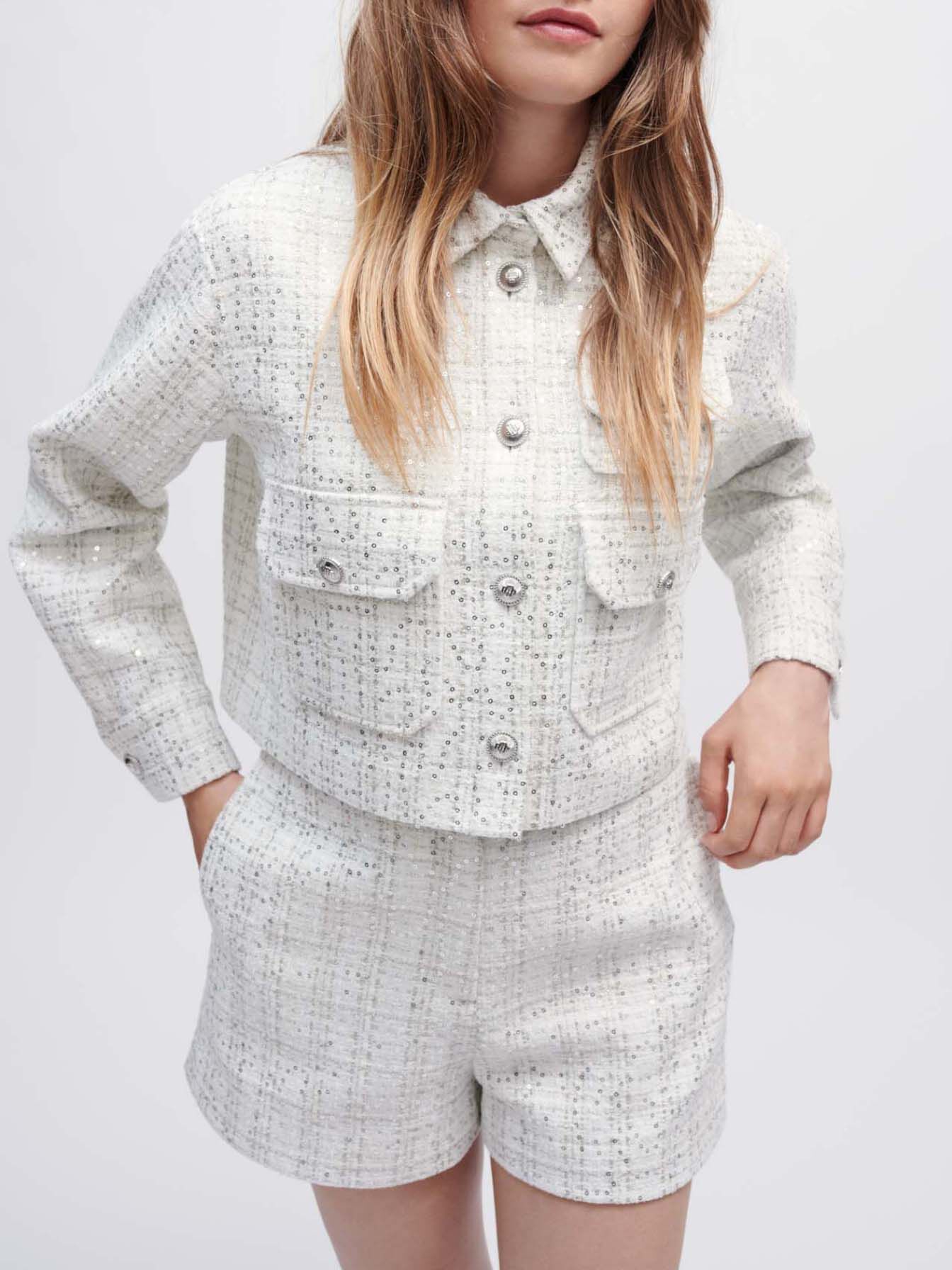 Shorts van ruwe tweed met pailletten - Wit