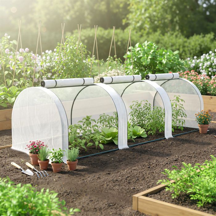 Mini invernadero tipo túnel - Outsunny - 3 x 1 x 0,8 m - Acero PE de alta densidad 140 g/m² - 3 puertas enrollables - Blanco