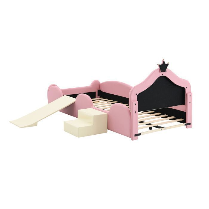 Lit Enfant - MERAX - Couronne Cartoon - 90x200cm - Bande LED Multimode - Toboggan et Escaliers
