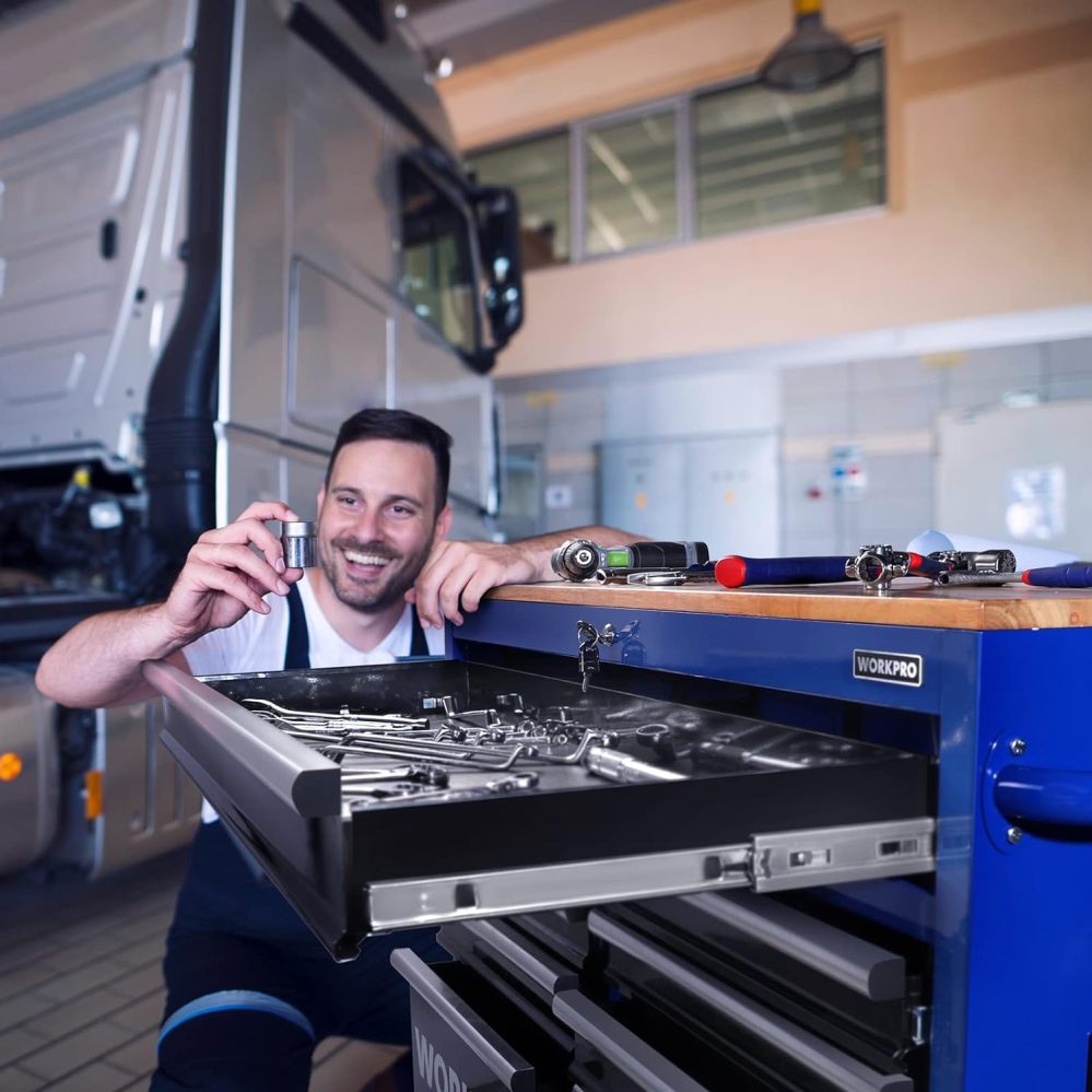 WORKPRO 46-Zoll-Werkzeugwagen mit 9 Schubladen, mobiler Werkzeugschrank mit Holzplatte, ausgestattet mit Rollen, Griff, Schubladeneinlage und Verriegelungssystem, Tragkraft: 544 kg