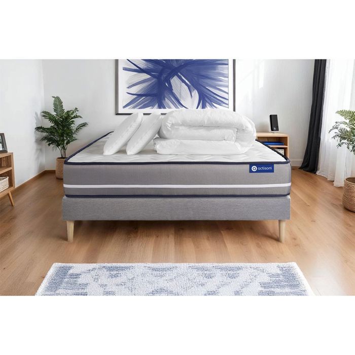 Juego completo de cama de 200x200 cm: colchón + base de cama gris (requiere montaje) + 2 almohadas + edredón - Actilatex PU
