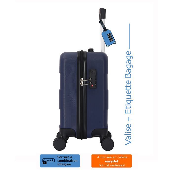 Valise cabine EasyJet 45x36x20 cm – ABS rigide léger – 4 roues doubles pivotantes – Bleu - TROLLEY ADC – Étiquette bagage offerte