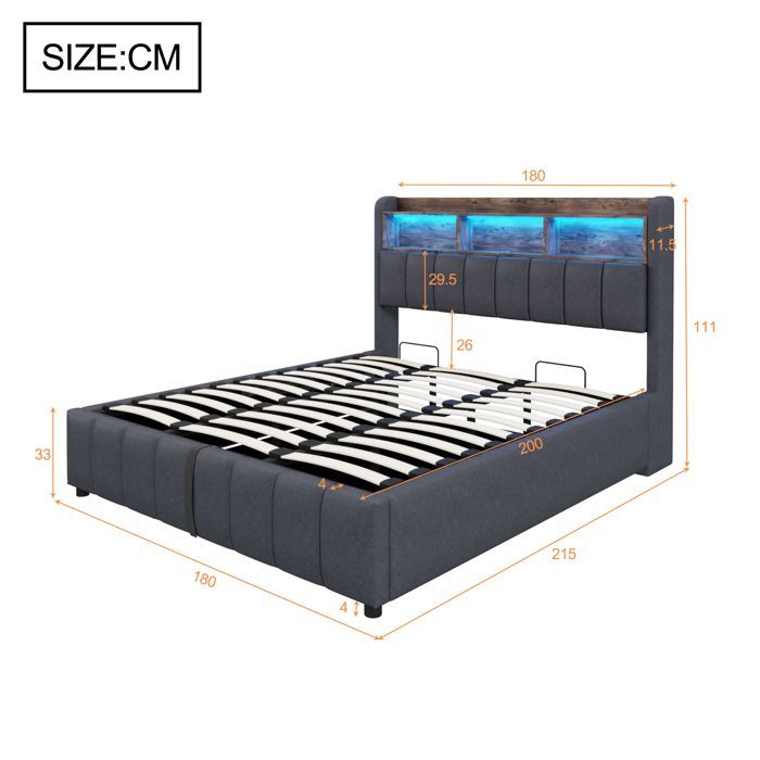 180x200 cm storage bed in grey linen fabric with headboard featuring shelves, multicoloured LED lighting and USB/Type-C ports, hydraulic mechanism