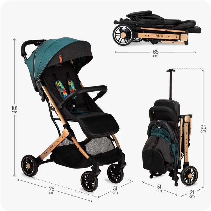 MoMi ESTELLE – Ultra Compact Baby Stroller – Lightweight 7.7 kg – One-Hand Fold – Suitcase Handlebar – Green