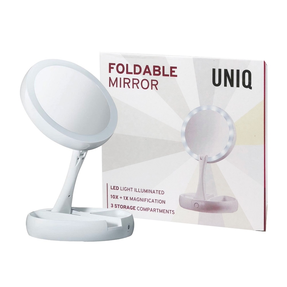 UNIQ Miroir de maquillage pliable avec lumière LED et grossissement 10x