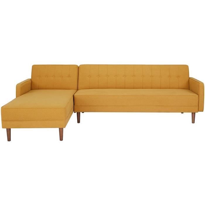 Divano letto angolare reversibile a 3 posti - Tessuto giallo senape - Gambe in legno - L 286 x P 169 x H 80 cm - IMANIA