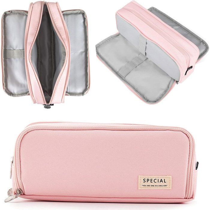 Trousse rose 3 compartiments, pour école/bureau/maquillage/cartes de visite.