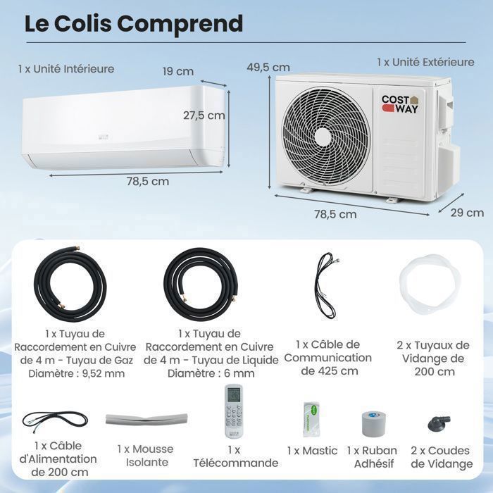 Costway 12000 BTU 3,4 kW Mono-Split fast klimaanlæg R32 - 16-31°C - Varmepumpe - 22㎡ - Komplet 4M tilslutningssæt - 24 timer - A++
