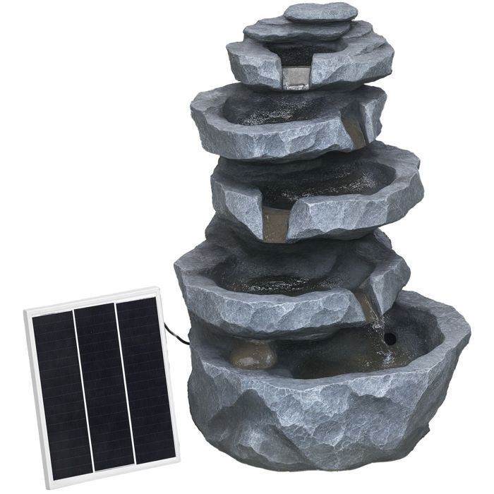 Fuente de jardín Outsunny de 5 niveles con cascada de roca, alimentada por energía solar, fabricada en resina con luces LED y bomba, color gris.