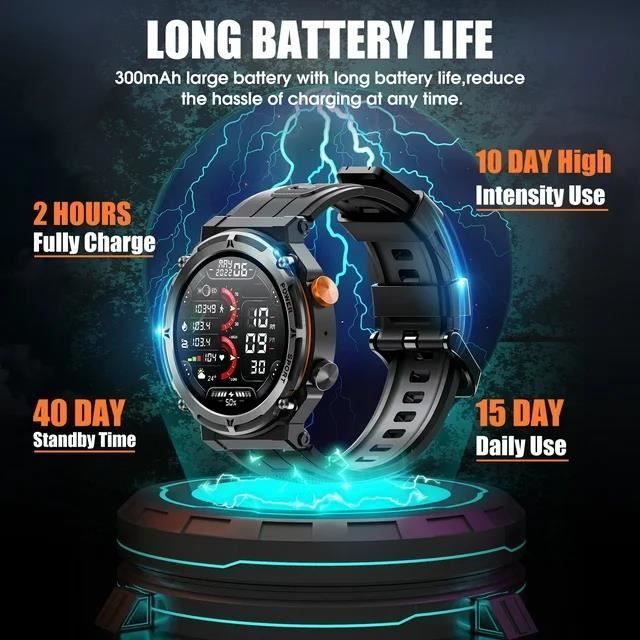 Smartwatch da uomo in stile militare - Impermeabile fino a 5 ATM, chiamate e SMS in HD, monitoraggio intelligente del sonno, fitness tracker