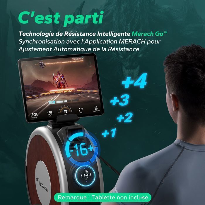 Vogatore elettromagnetico – MERACH – Supporto per tablet – Compatibile con app – 16 livelli di resistenza – Acciaio – Marrone chiaro