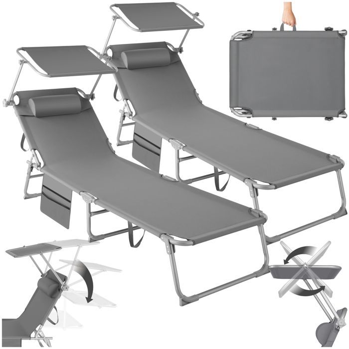 Lettino prendisole - TECTAKE - Set di 2 lettini prendisole CHLOE a 4 posizioni, poggiatesta, parasole in acciaio, 68 x 161 x 111 cm - Grigio