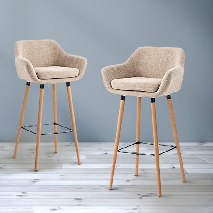 Juego de 2 taburetes de bar tapizados en tela con patas de madera de roble - Beige - 45 cm de largo x 45 cm de ancho x 104 cm de alto