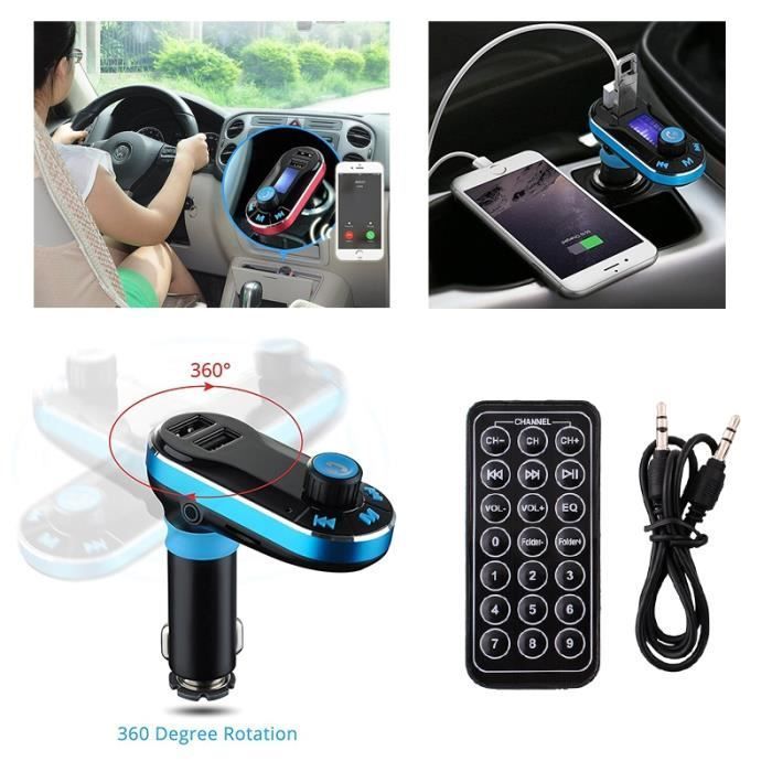 KARYLAX Kit mains‑libres Bluetooth voiture + chargeur USB, transmission FM — Bleu