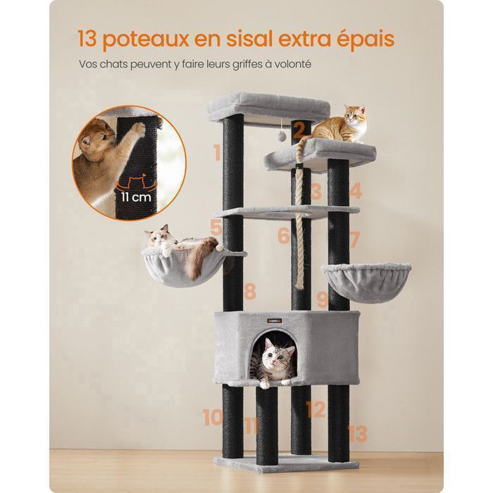 Arbre à Chat Feandrea - Hauteur de 186,7 cm, 5 niveaux et 1 plateforme - Gris et Noir