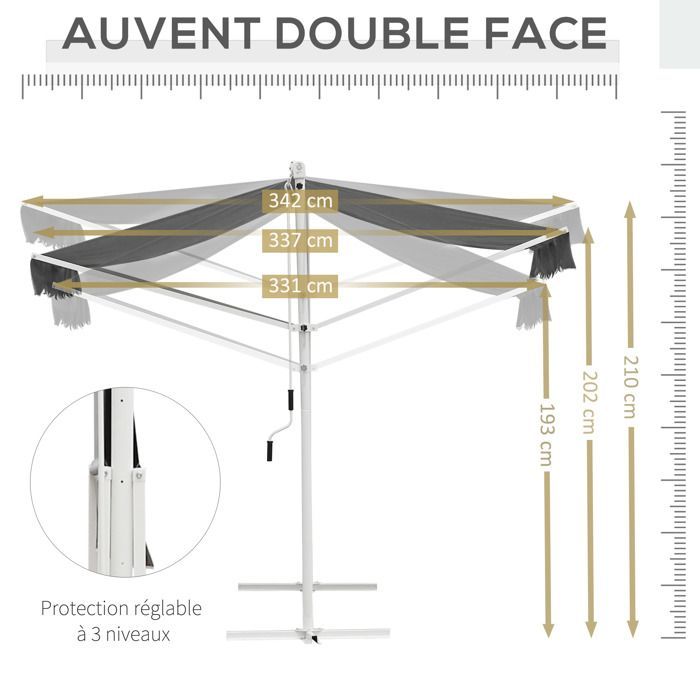 Manual retractable double-sloped awning, adjustable tilt, white epoxy-coated steel, waterproof polyester, UV-resistant, grey, dimensions