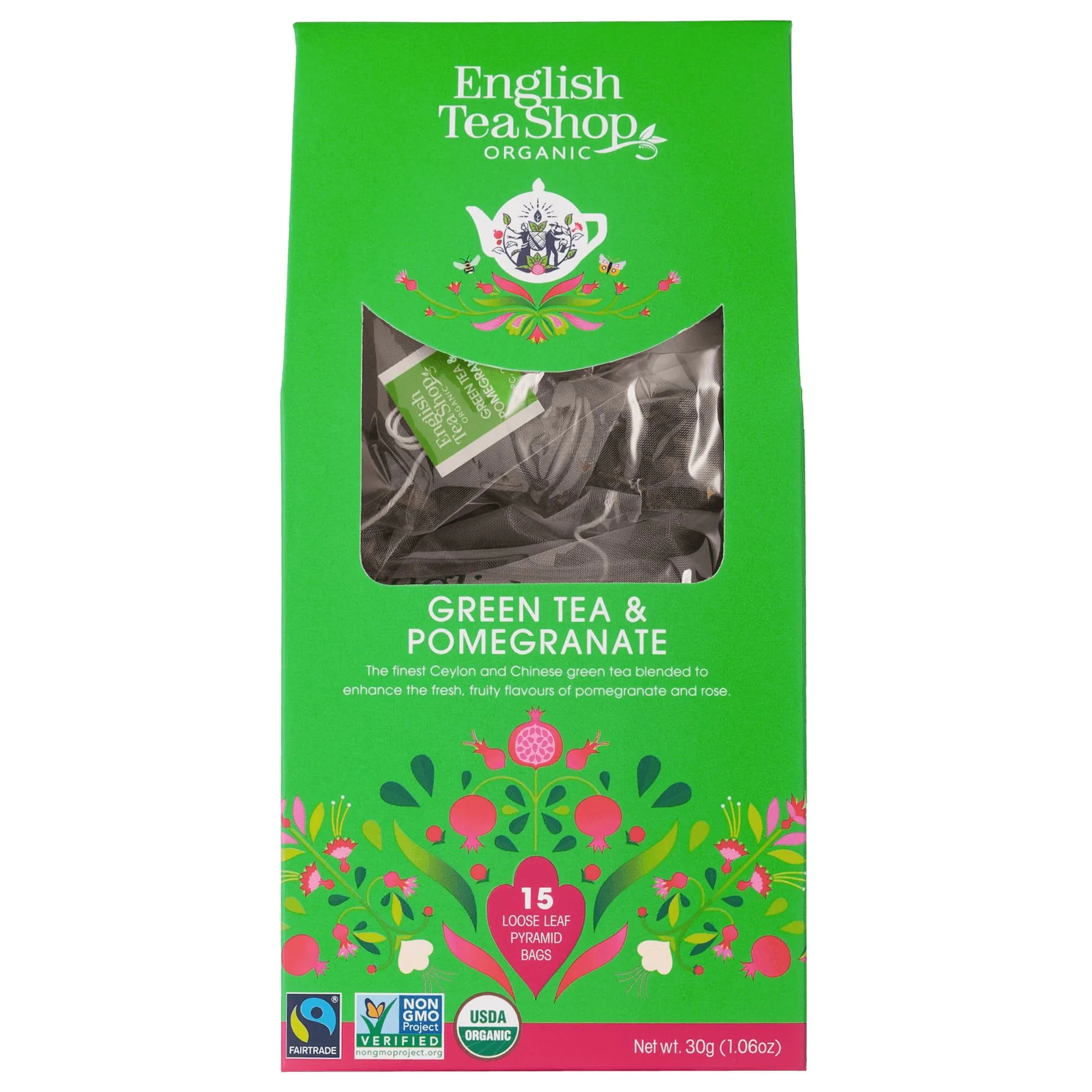 English Tea Shop Green Tea & Pomegranate, herbata liściasta bio 15 piramidek