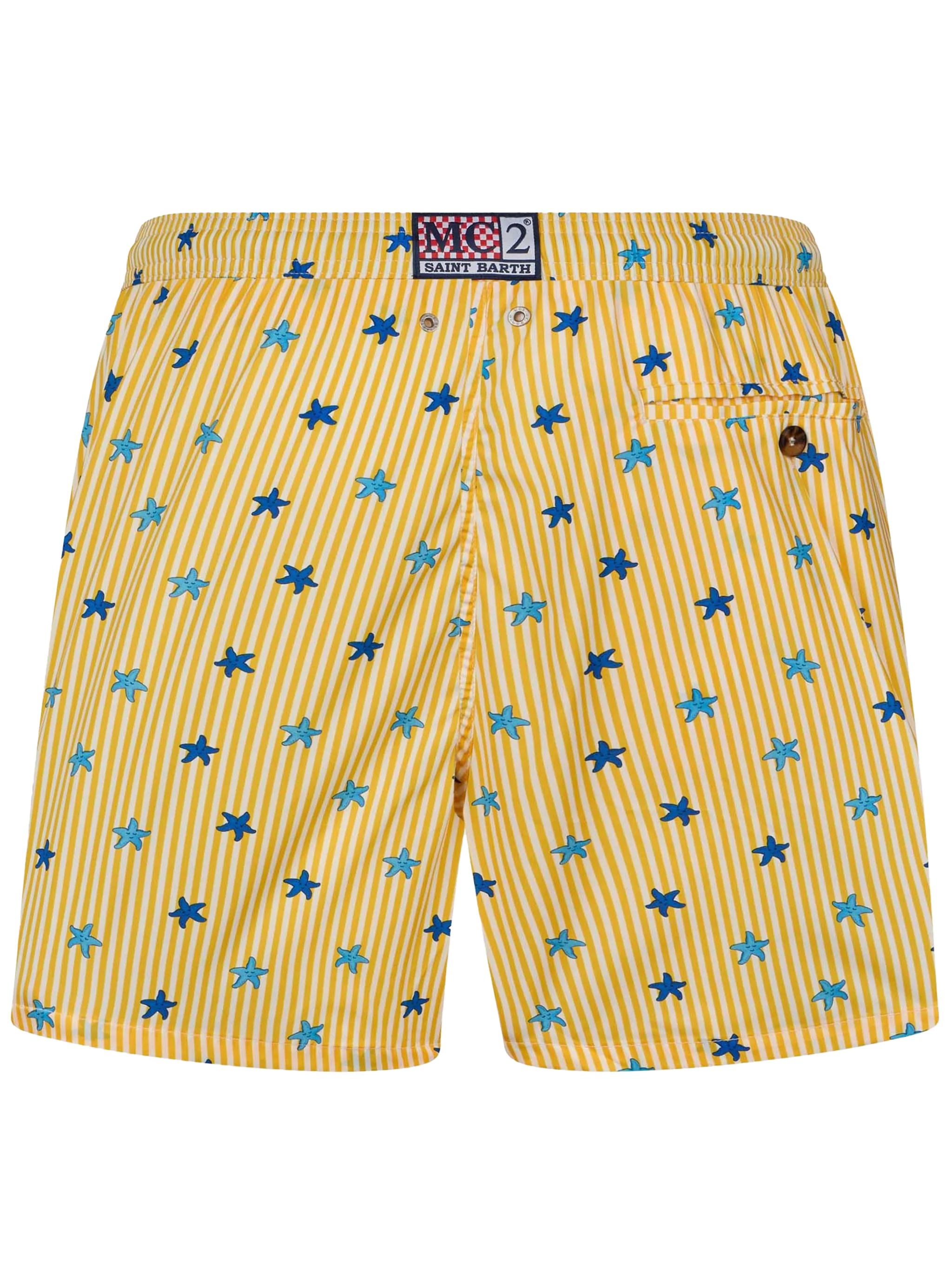 Man Comfort Swim Shorts - Light Blue Starfishes & Yellow Stripes, Relaxed Fit, Mechanical Stretch, Side & Back Velcro Pocket | MC2 Saint Barth