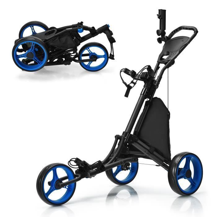 Carrito de golf plegable de 5 ruedas COSTWAY con correa elástica, soporte ajustable para paraguas y portavasos, bolsa con revestimiento de aluminio, color azul.