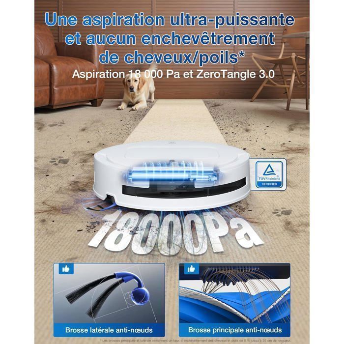 ECOVACS DEEBOT T80 OMNI Aspirateur Robot  laveur, 18 000 Pa, Nettoyage automatique instantan OZMO ROLLER, 75℃ Lavage