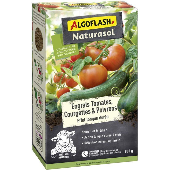 Fertilizante para huertos - ALGOFLASH NATURASOL - Tomates, calabacines, pimientos - Larga duración - 800 g - UAB