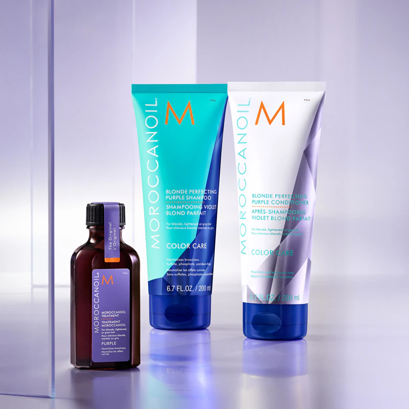 Óleo nutritivo roxo Moroccanoil Treatment para cabelos loiros e grisalhos