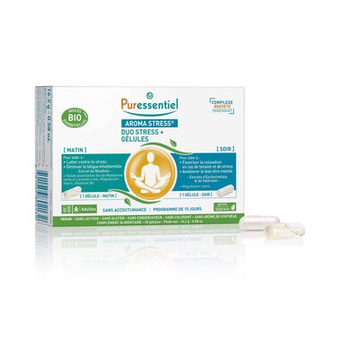Puressentiel Aroma Stress Duo jutranje/sončne kapsule za boj proti stresu in utrujenosti 30 kapsul 30 kapsul