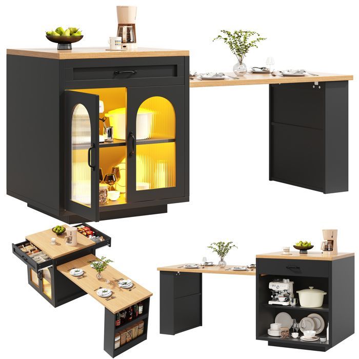 Isla de cocina extensible con iluminación LED RGB, mando a distancia y temporizador, encimera, 2 cajones y puerta, color negro.