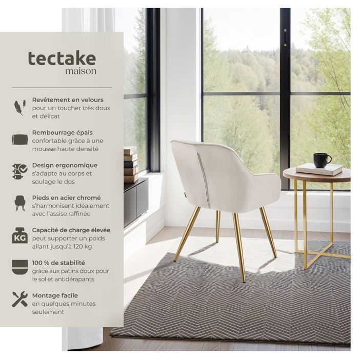 Chaise - TECTAKE - Fauteuil de salle à manger MARYLIN aspect velours et matelassé avec pieds en acier doré - Taupe/Or