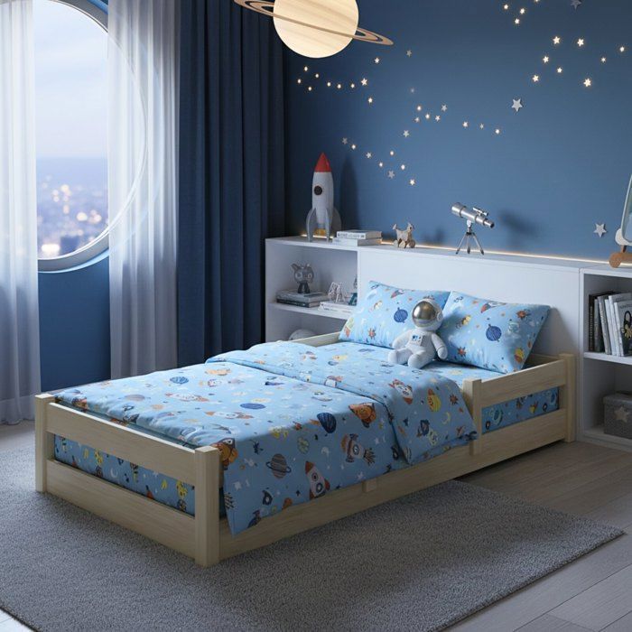 Cama infantil LILA de 160x80 cm – Madera natural, barandillas de seguridad, estructura baja.