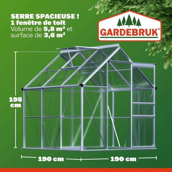 GARDEBRUK® Serre de jardin aluminium 3,6m² 190x190cm 1 lucarne serre à tomates plantes légumes fleurs hivernage semis 5,8m³